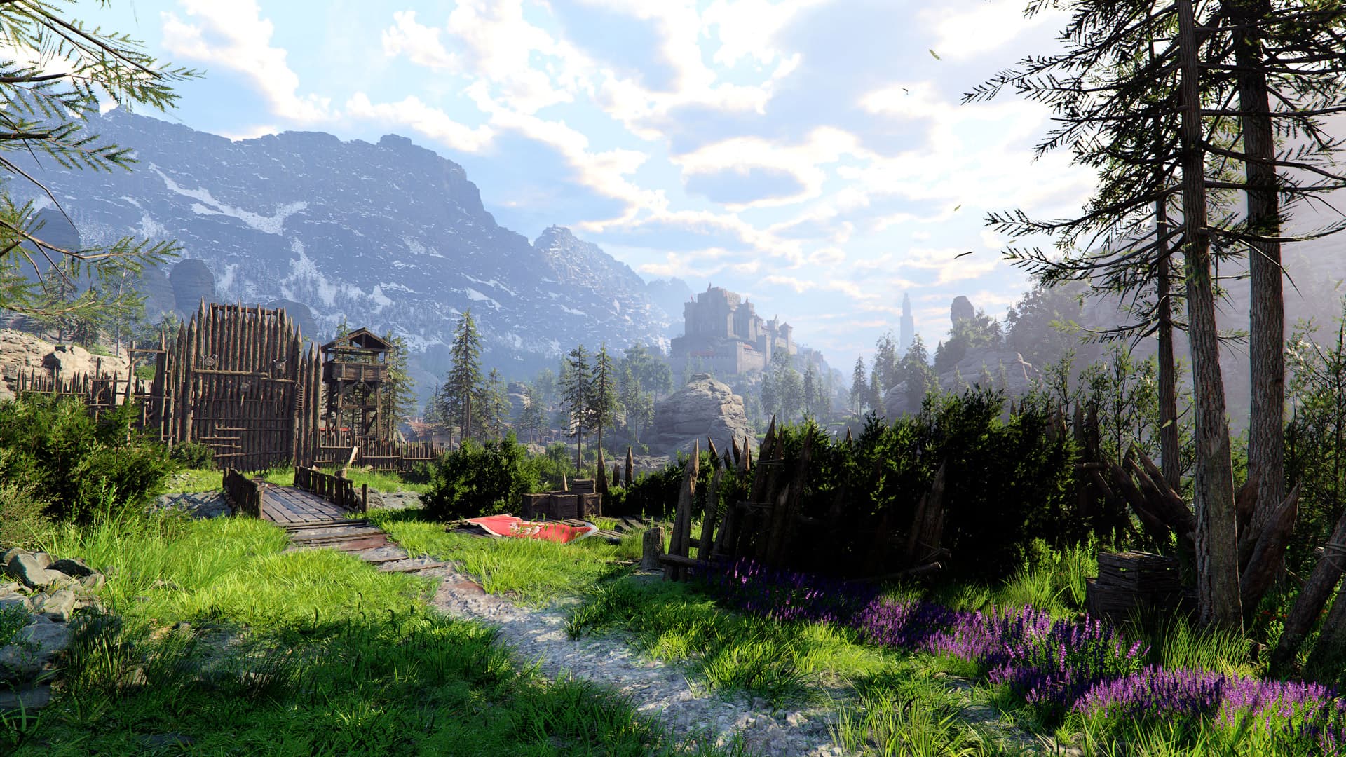 A sunlit forest path leading toward a fortress in Pywel