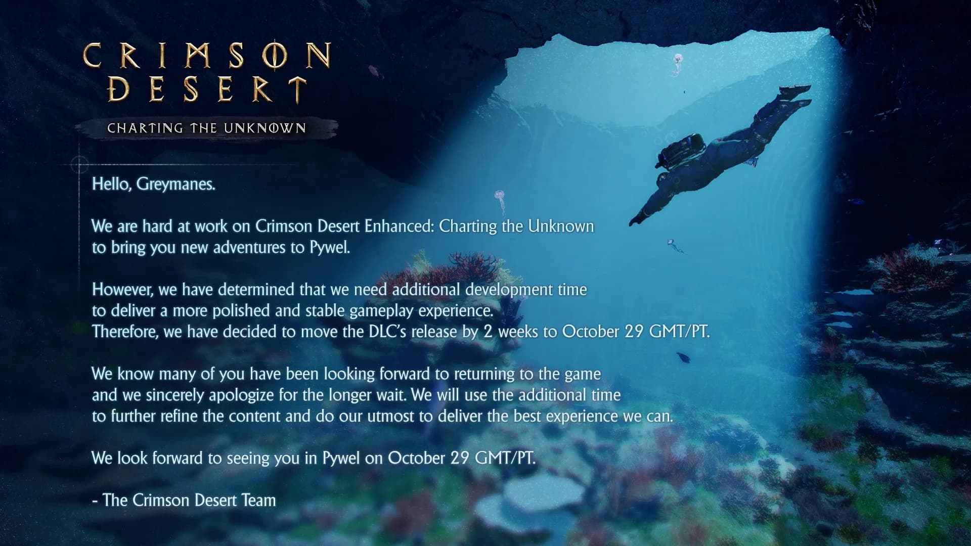 Pearl Abyss’s Charting the Unknown release-date announcement, with a diver beneath the waves and the new October 29 date